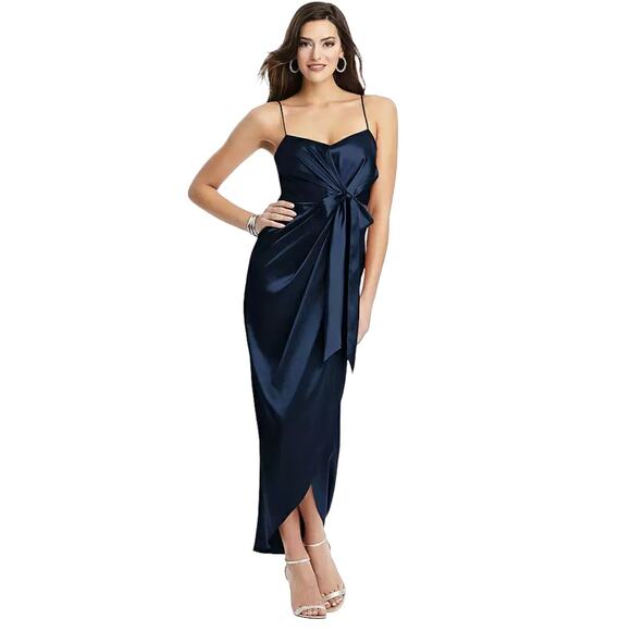AFTER SIX 6828 Midnight Blue Stretch Charmeuse Draped Midi Dress Size 6R NWT - Picture 1 of 8